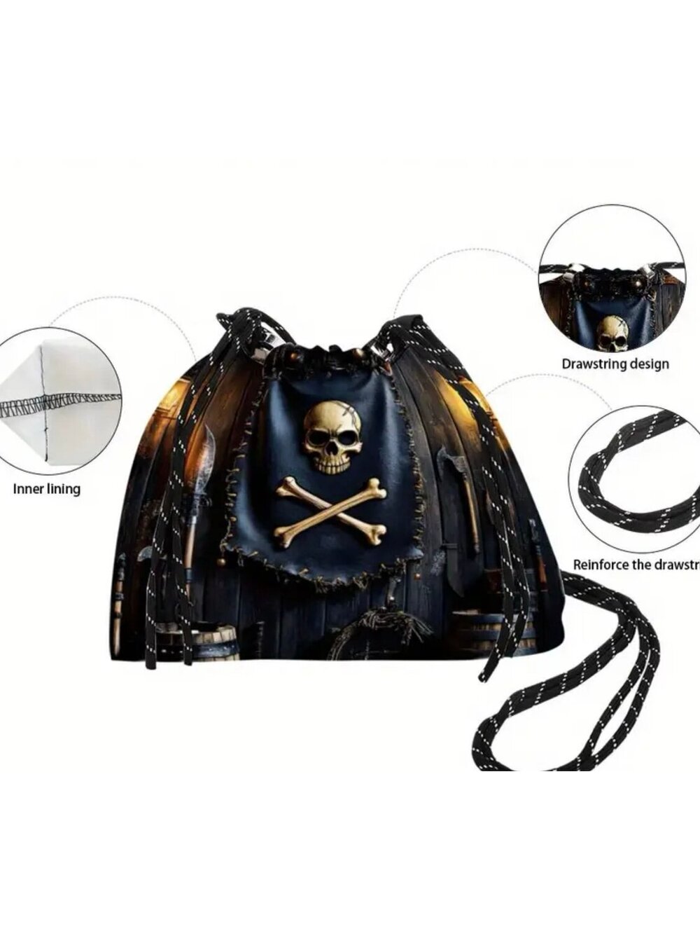 New - Fun ! Pirate & Crossbones Design Drawstring Crossbody /Shoulder Bag - Picture 3 of 5